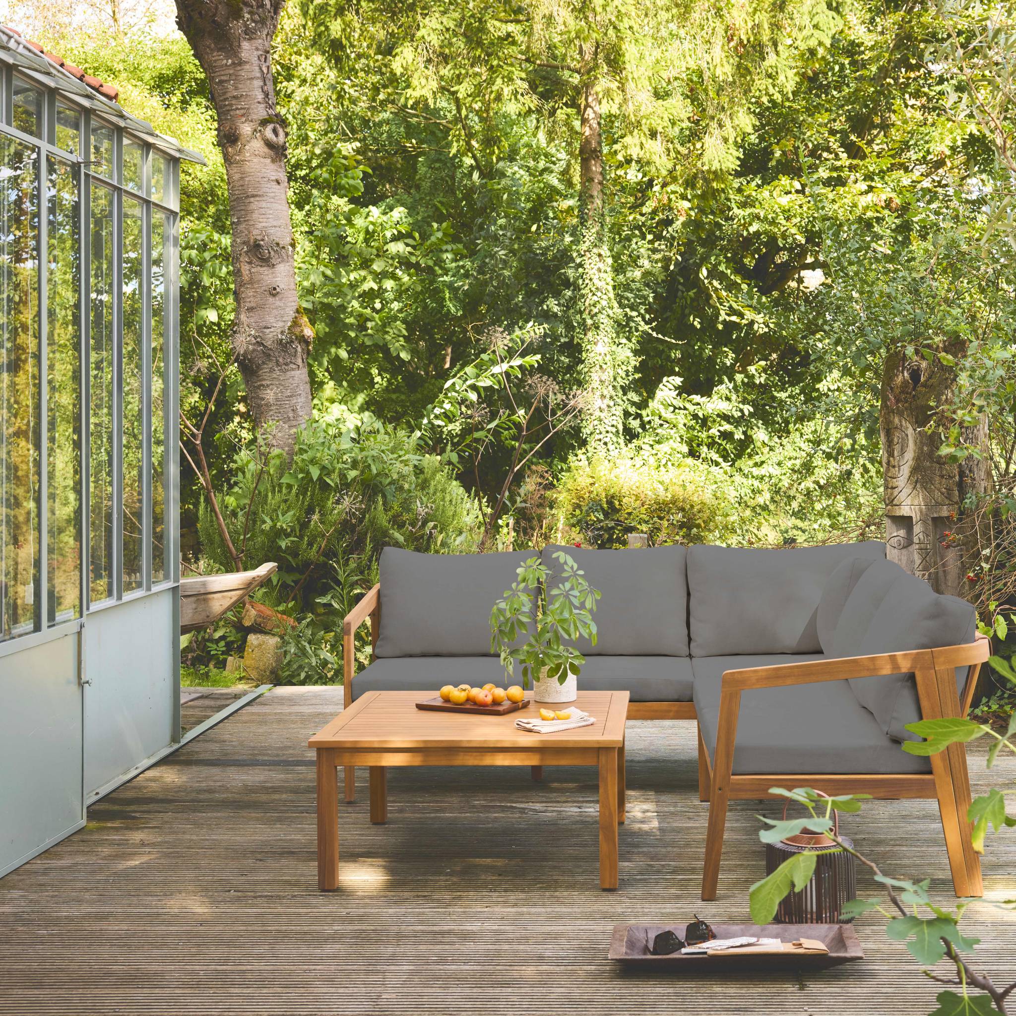 Salotto da giardino angolare in acacia 5 posti, grigio