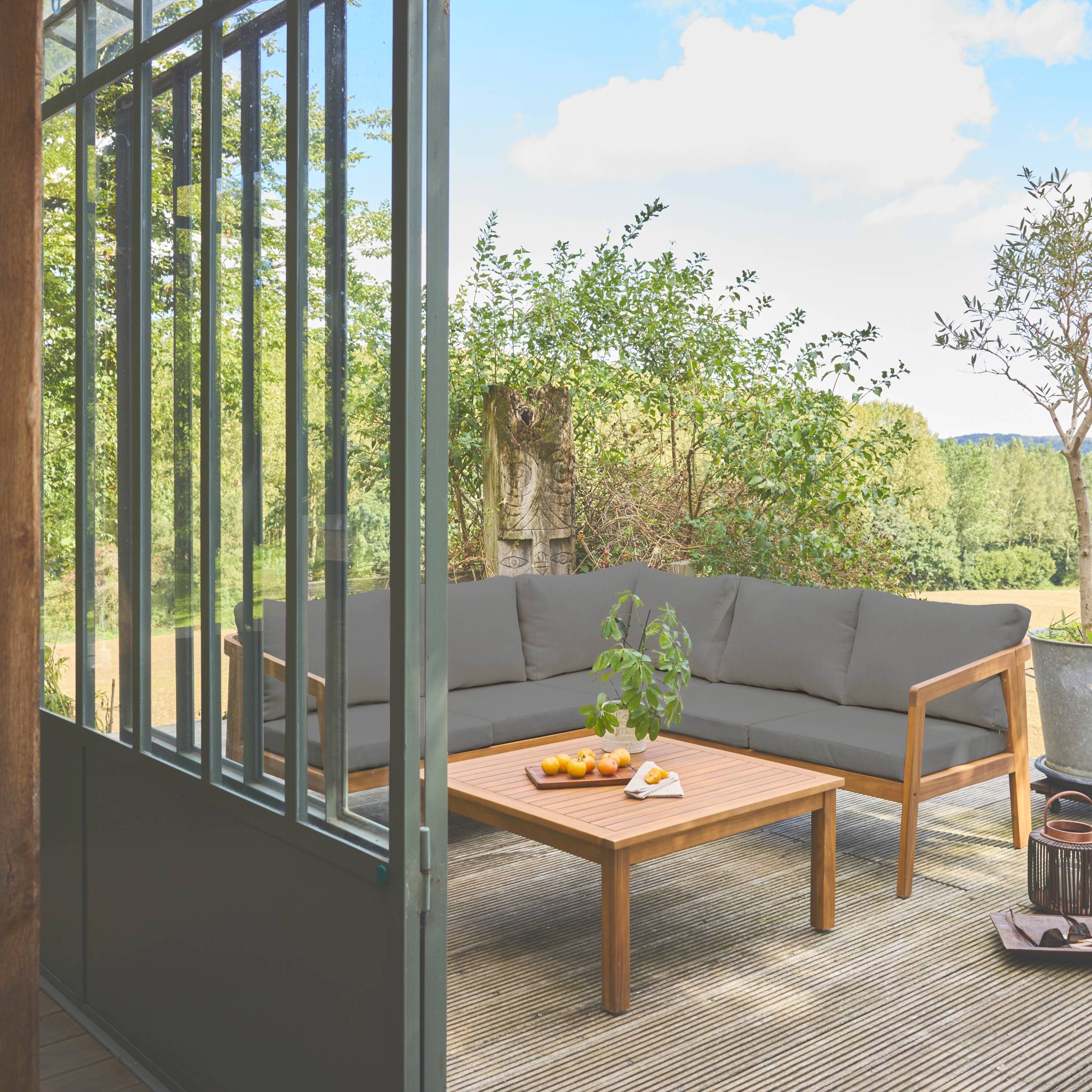 Salotto da giardino angolare in acacia 5 posti, grigio