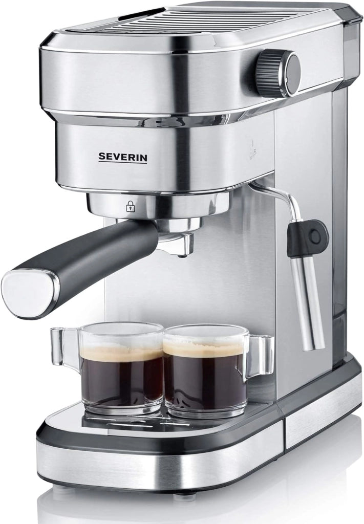 Severin ka 5994 macchina espresso espresa, per 1 o 2 tazze, adatta per cialde ese e caffè macinato, pronta in 40 secondi, pressione 15 bar, 1350 w, acciaio inox, argento/nero