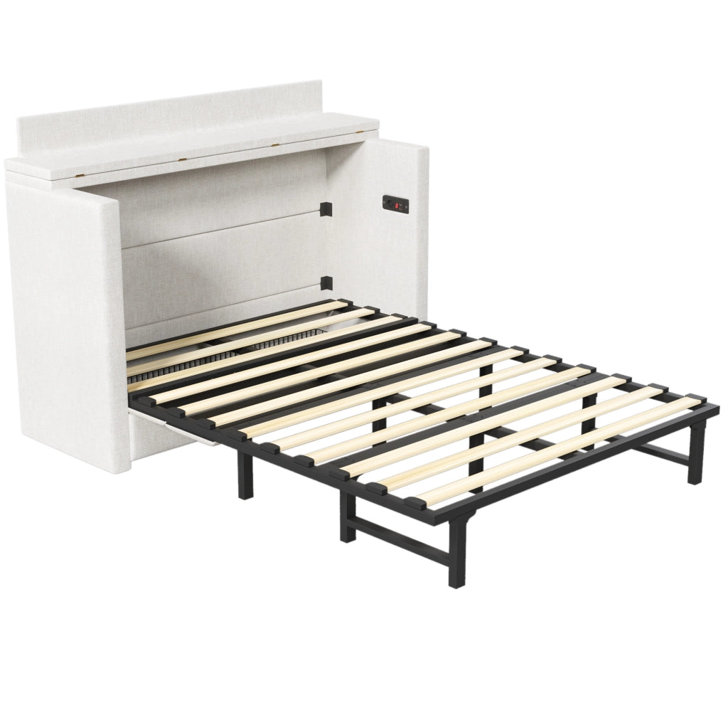Letto a scomparsa ULEVR 140x200 cm con cassetto, ripiano trasformabile, USB e Type-C, lino beige