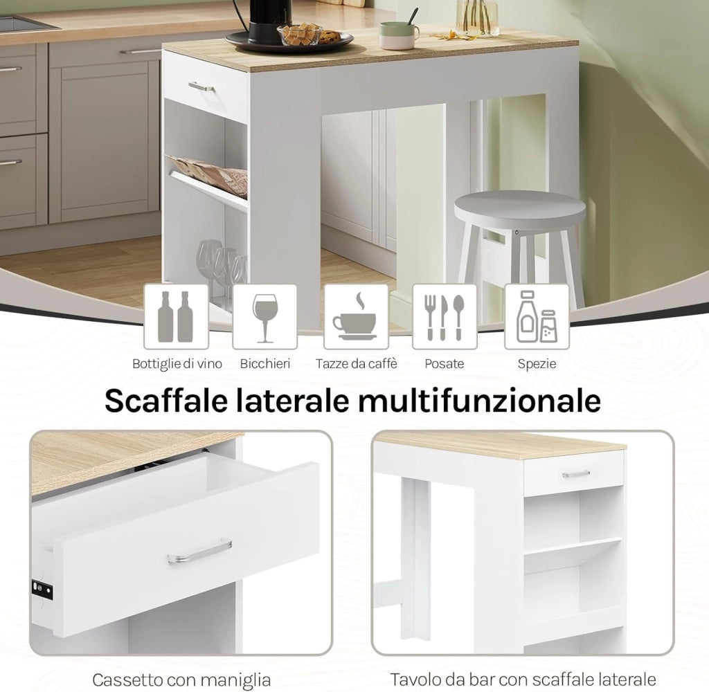 Tavolo da Bar, Bancone da Bar con 1 Cassetto e 3 Ripiani, Tavolo Penisola per Cucina, Pub, Bistrot, Legno Ingegnerizzato (Con assi di legno, Bianco+Rovere Chiaro, 100 x 50 x100 cm)