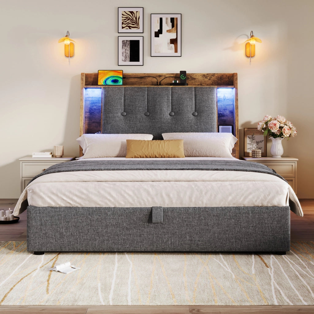 Letto imbottito 90x200 cm con contenitore; USB e Tipo C; LED; lino grigio