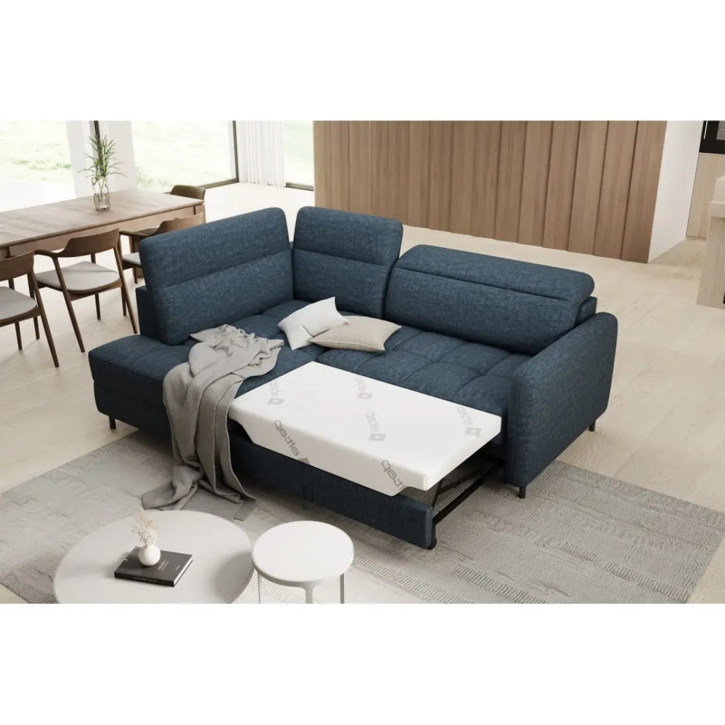 Divano angolare sinistro convertibile BARNEA 208 cm blu scuro con contenitore
