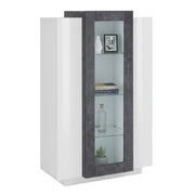 Vetrina moderna con anta a Ablaze, Made in Italy, Mobile vetrinetta da soggiorno, cm 80x38h121, Bianco lucido e Grigio Cenere, con luce LED bianca