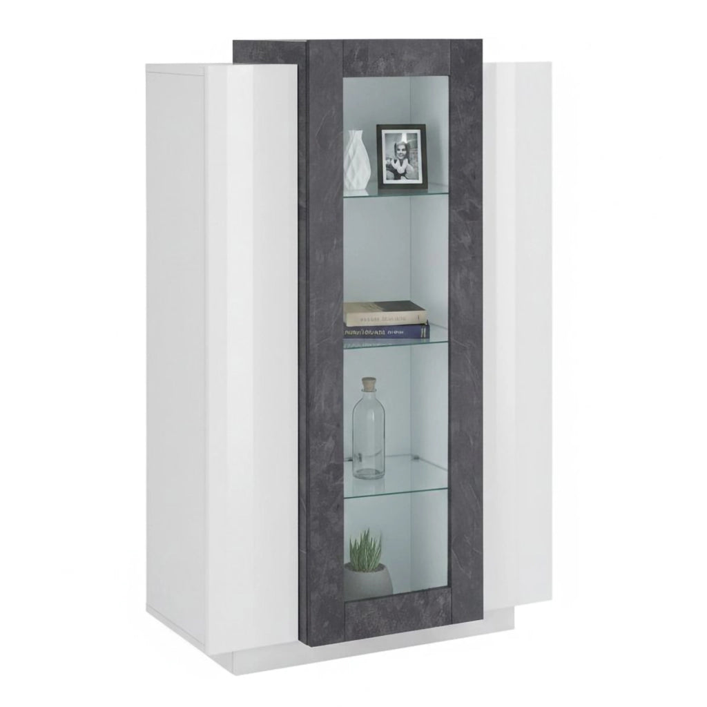 Vetrina moderna con anta a Ablaze, Made in Italy, Mobile vetrinetta da soggiorno, cm 80x38h121, Bianco lucido e Grigio Cenere, con luce LED bianca