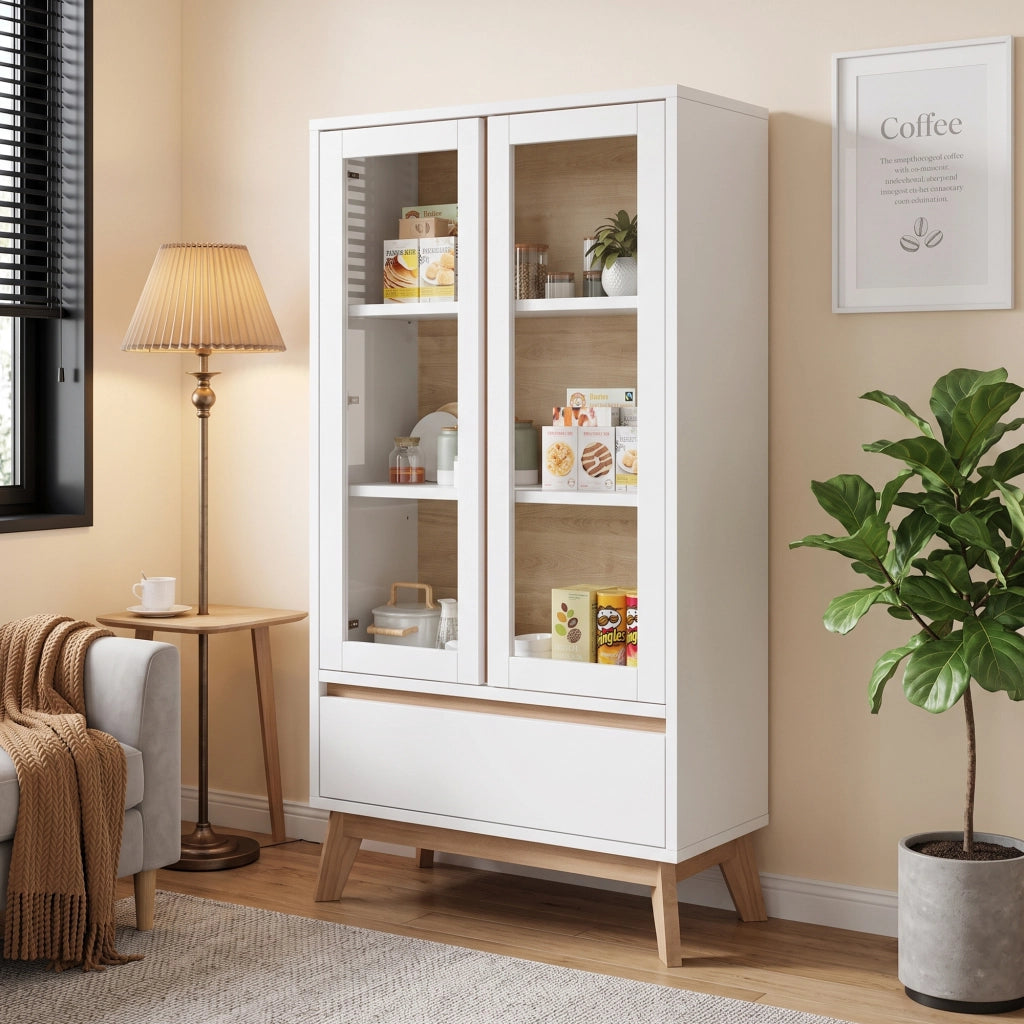 Credenza alta con 1 cassetto e ripiani regolabili, per cucina, in pannello truciolare, bianco, 80 × 40 × 150 cm