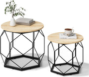 Set di 2 Tavolini da Salotto Rotondi, Tavolini Contenitori in Legno e Metallo, Tavoli da Caffè con Piano Rimovibile, per Soggiorno, Camera da Letto, Legno + Nero, BTS05hei