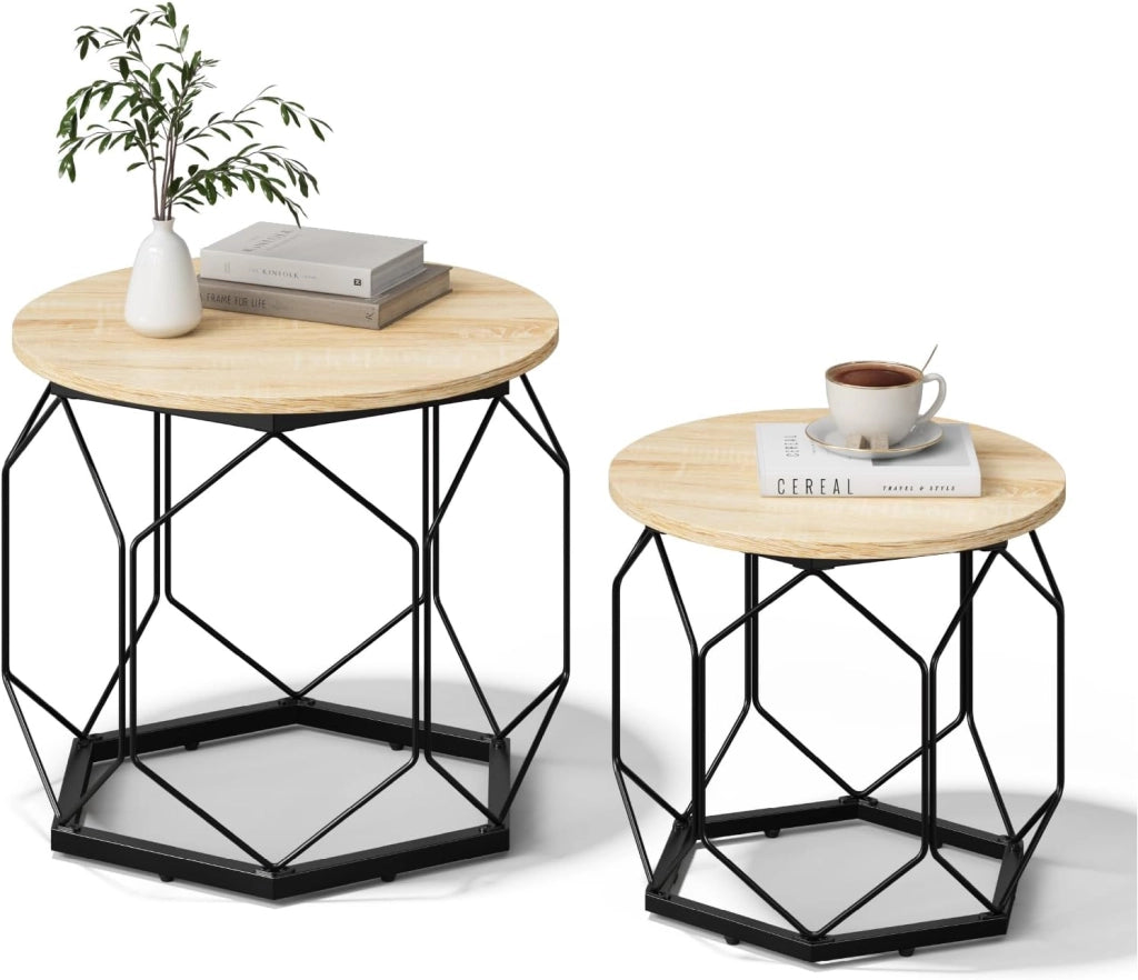 Set di 2 Tavolini da Salotto Rotondi, Tavolini Contenitori in Legno e Metallo, Tavoli da Caffè con Piano Rimovibile, per Soggiorno, Camera da Letto, Legno + Nero, BTS05hei