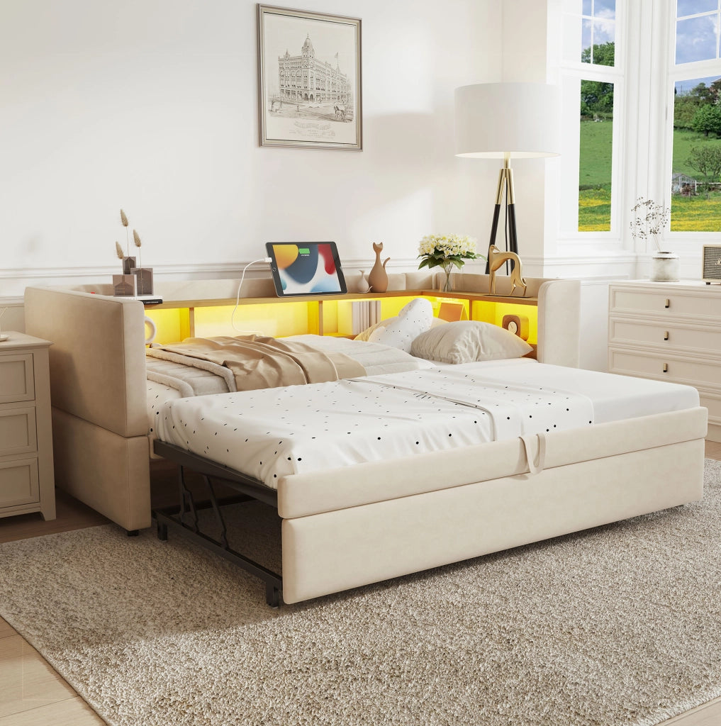 Divano letto imbottito convertibile con scomparti portaoggetti; LED e prese; 90/180 x 190 cm; beige