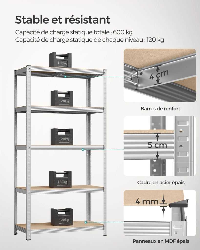 Scaffalatura metallica per carichi pesanti 200 x 100 x 50 cm 5 ripiani portata totale 875 kg (175 kg/ripiano) ripiani regolabili per garage/cantina nero 12_0005590