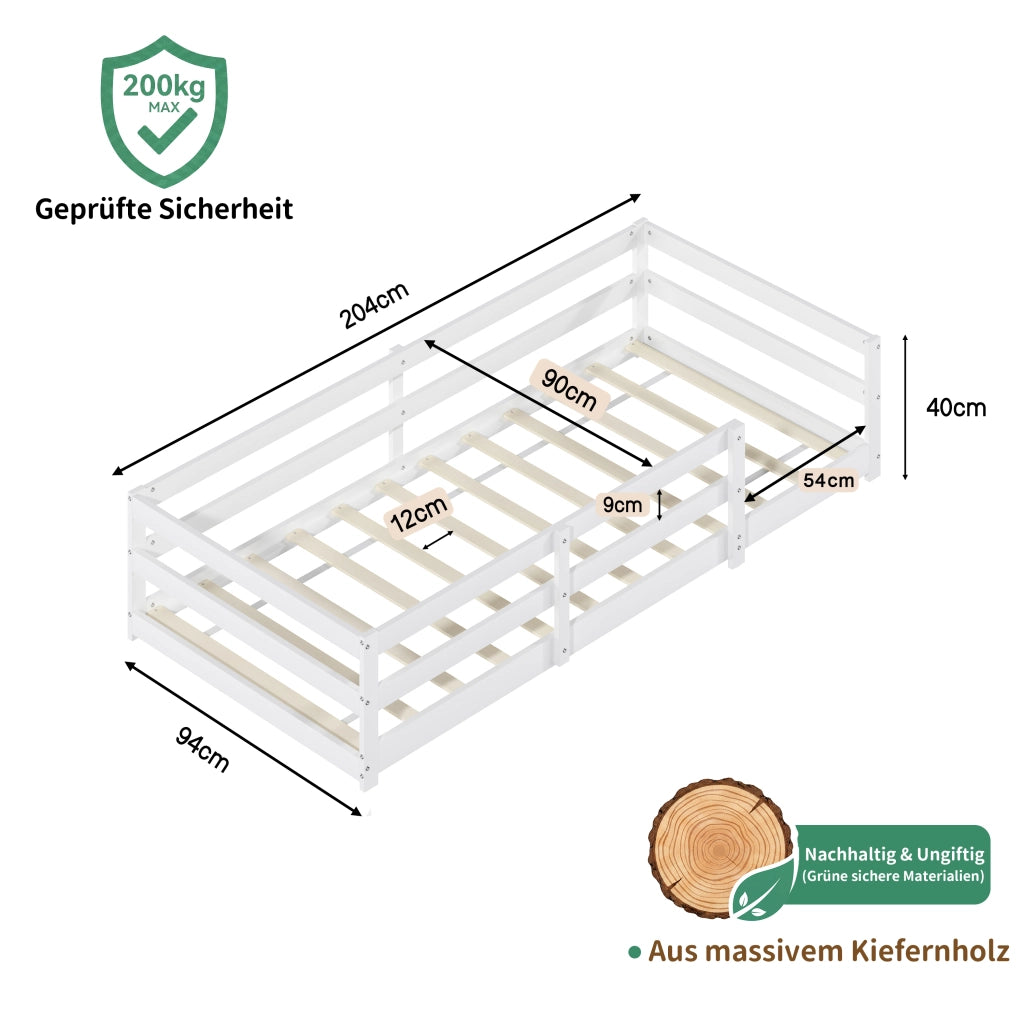 Letto per bambini Montessori 90 × 200 cm con barriera di sicurezza, rete inclusa, senza materasso, in pino, bianco