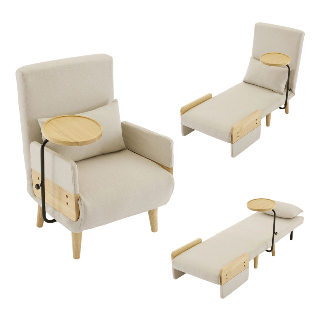 Poltrona trasformabile 3 in 1 con schienale regolabile; vassoio girevole e cuscino; beige