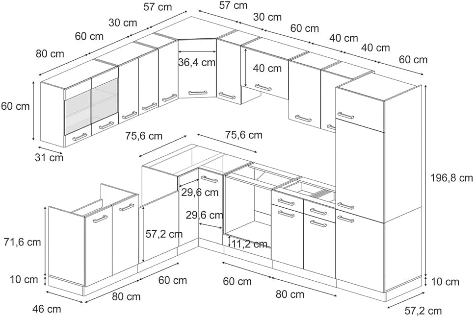 Cucina angolare completa R-Line, Blu-grigio/antracite, 287 x 46 cm senza piano di lavoro, per l'espansione personalizzata con moduli aggiuntivi compatibili