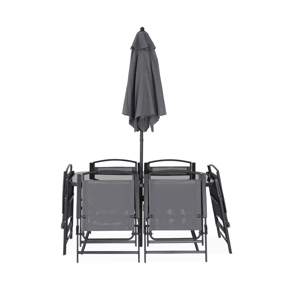 Set tavolo da giardino in acciaio con 6 poltrone e 1 ombrellone,