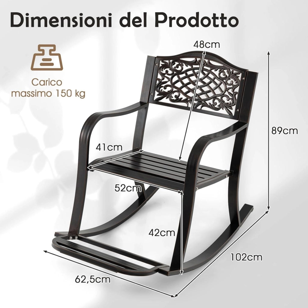Sedia a Dondolo da Giardino Stile Rustico, Sedia da Esterno in Alluminio con Poggiapiedi, Schienale Decorativo e Braccioli, Dondolo per Giardino e Balcone, 102 x 62,5 x 89 cm, Marrone