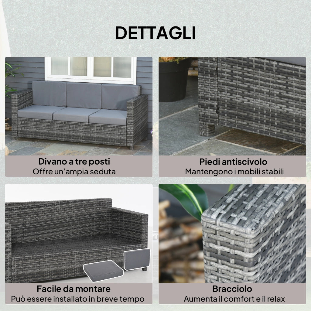 Divano da Esterno 3 Posti in Rattan PE e Metallo con Cuscini per Seduta e Schienale, 185x70x80 cm, Grigio