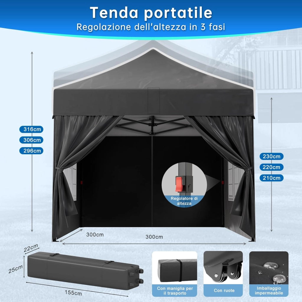 Gazebo 3 x 3 impermeabile, stabile, resistente all'inverno, altezza regolabile, gazebo pieghevole con 4 pareti laterali, protezione UV 50 +, per giardino, cortile, campeggio, gazebo nero