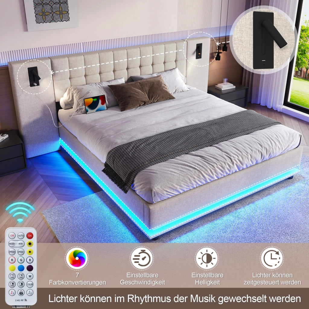 OKWISH Letto Imbottito 180×200 cm, Letto Matrimoniale con LED Regolabile, USB e Lampada da Lettura, senza Materasso, Lino, Beige