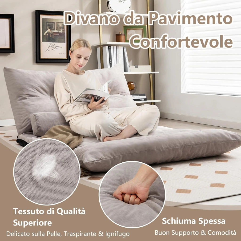 Divano da Terra Pieghevole, Divano Letto 2 Posti con Schienale Regolabile, Divano da Pavimento Trasformabile con 2 Cuscini per Camera da Letto Salone Balcone (Grigio)