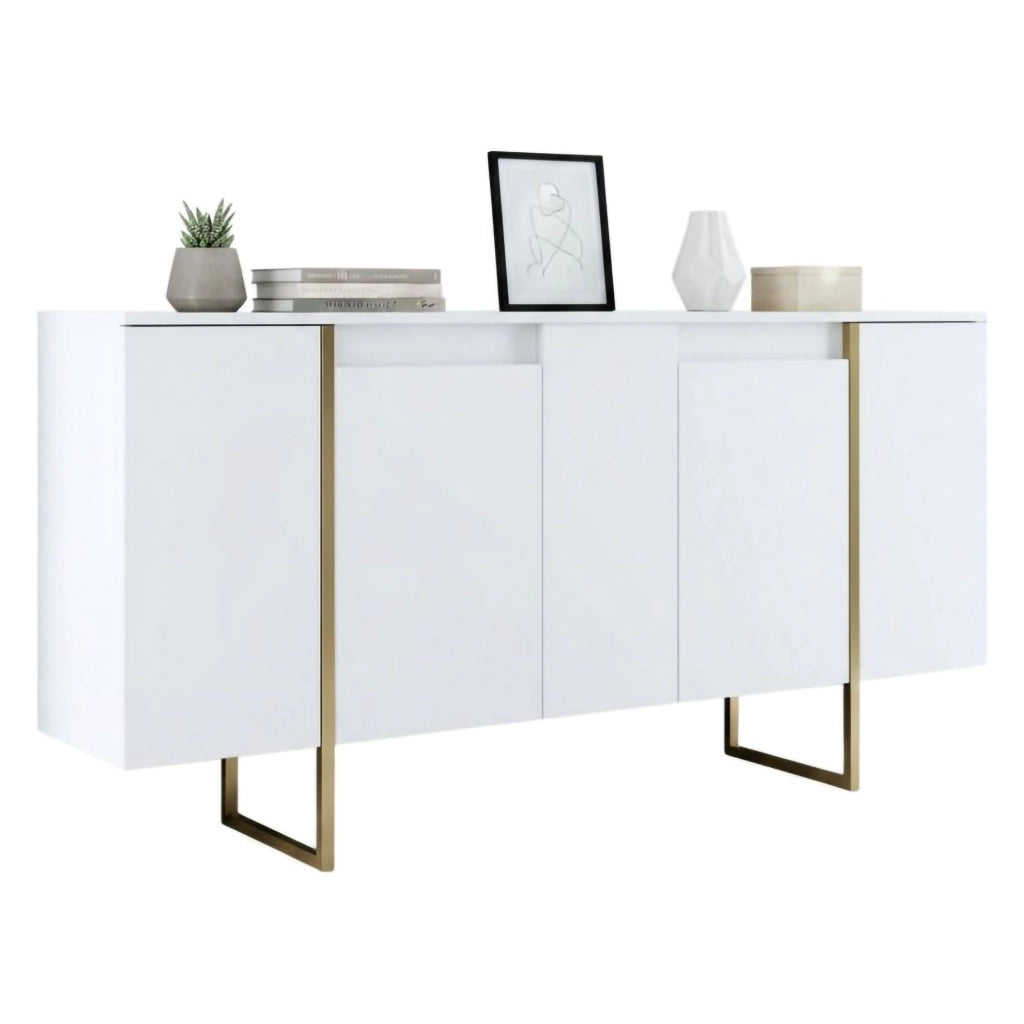 Credenza Arta, Buffet da soggiorno, Madia da salotto, Dispensa da cucina, 160x35h80 cm, Bianco e Oro