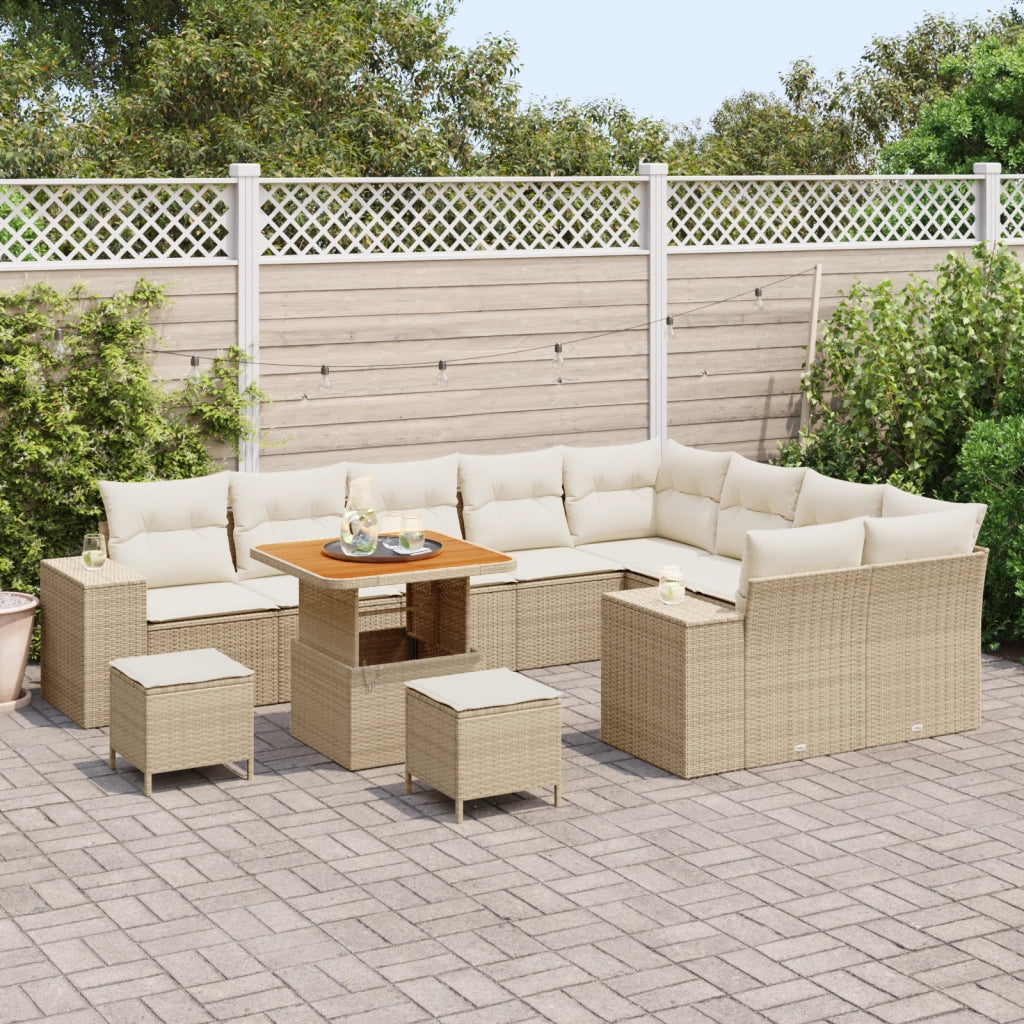 Set Divano da Giardino  12 Pezzi con Cuscini Beige Polyrattan Acacia