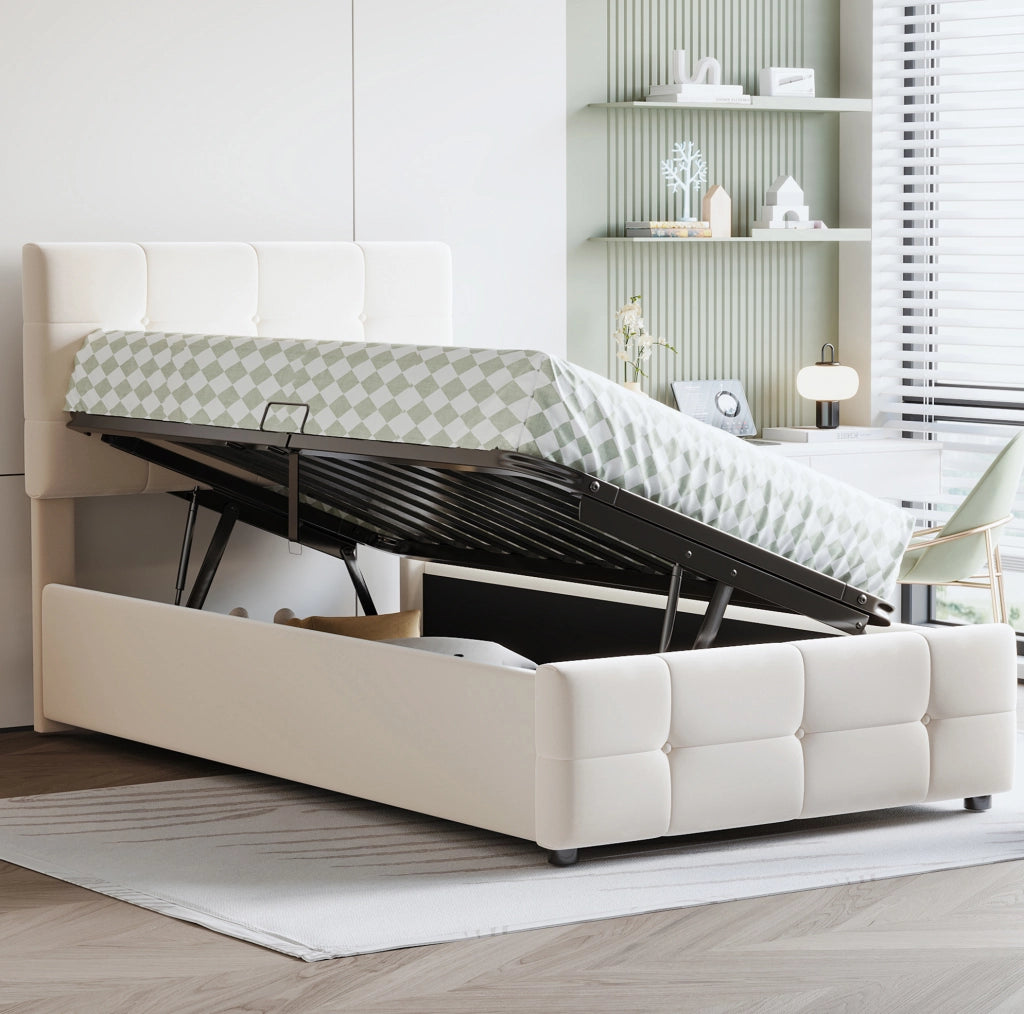 Letto imbottito bambini 90x200 cm; contenitore idraulico; velluto beige (Senza materasso)