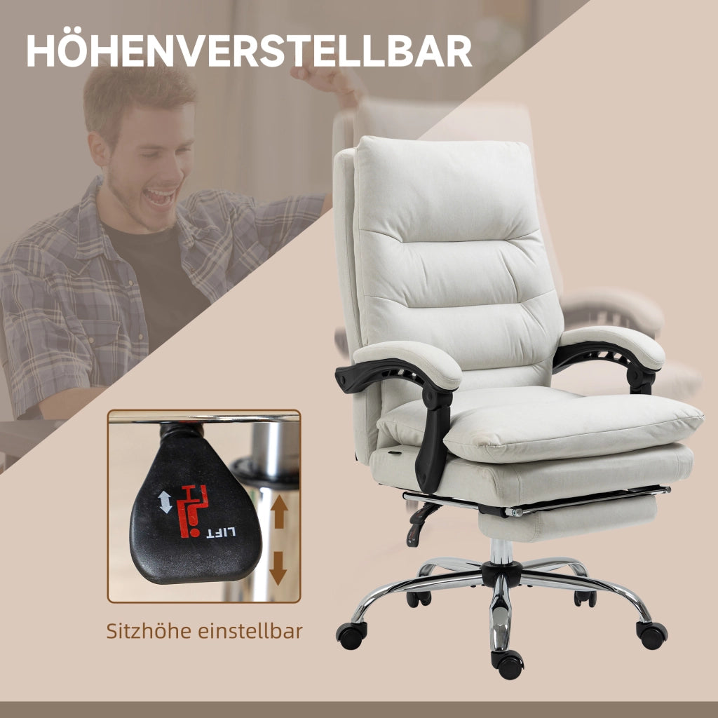 Sedia da ufficio massaggiante schienale reclinabile 135° e poggiapiedi in poliestere bianco crema 65 × 72 × 109-117 cm
