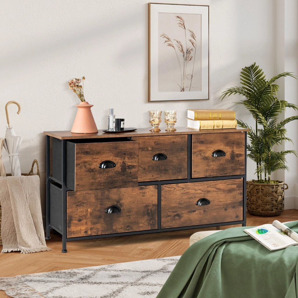 Organizer con 5 cassetti in tessuto rimovibili pieghevoli telaio in acciaio, Mobile spazioso Marrone-Credenze buffet