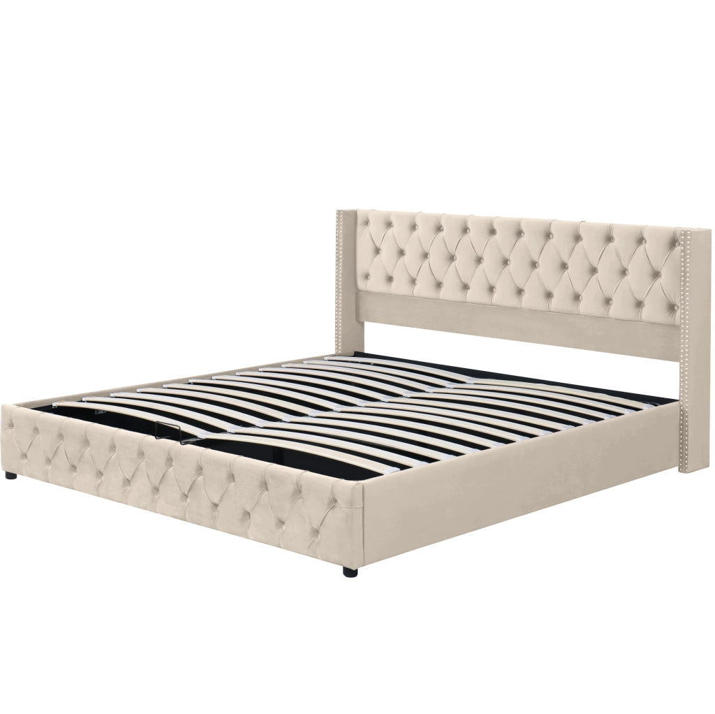 Letto matrimoniale 180x200 cm in velluto con contenitore idraulico; stile Chesterfield; beige
