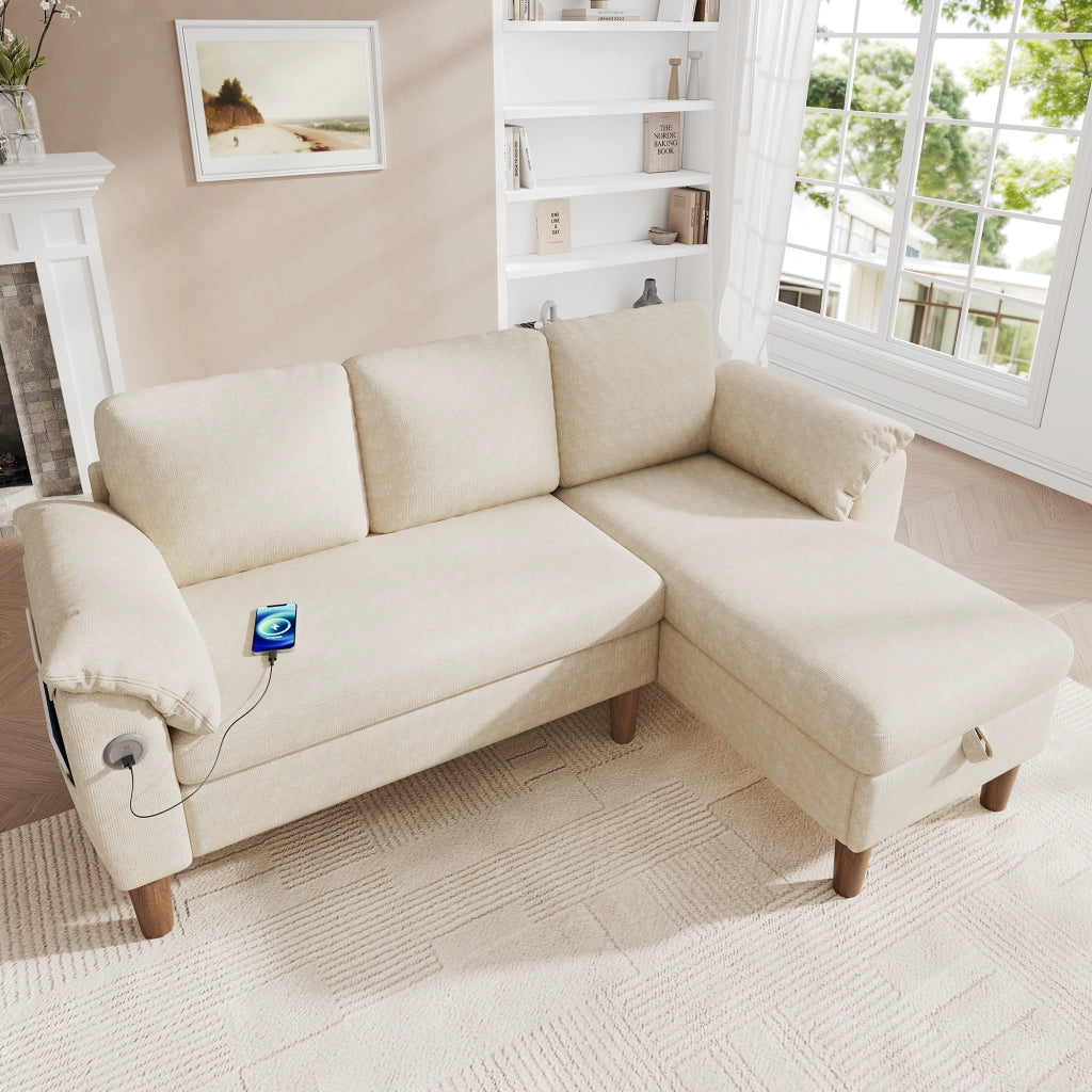 Divano angolare 3 posti con chaise longue contenitore e USB in chenille beige