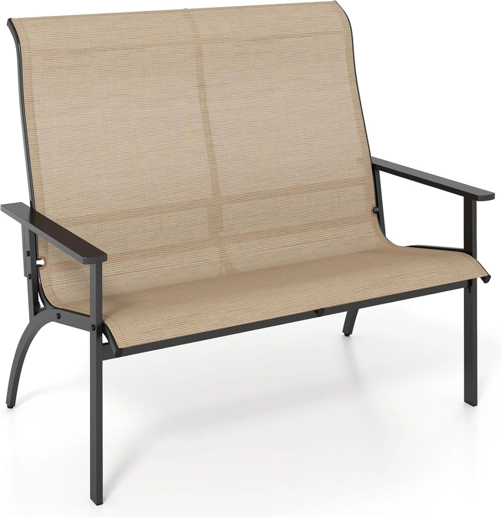 Panca da giardino resistente alle intemperie, per 2 persone, per balcone, terrazza, con schienale alto e braccioli, per esterni, portata fino a 400 kg, 120 x 81 x 106 cm, marrone
