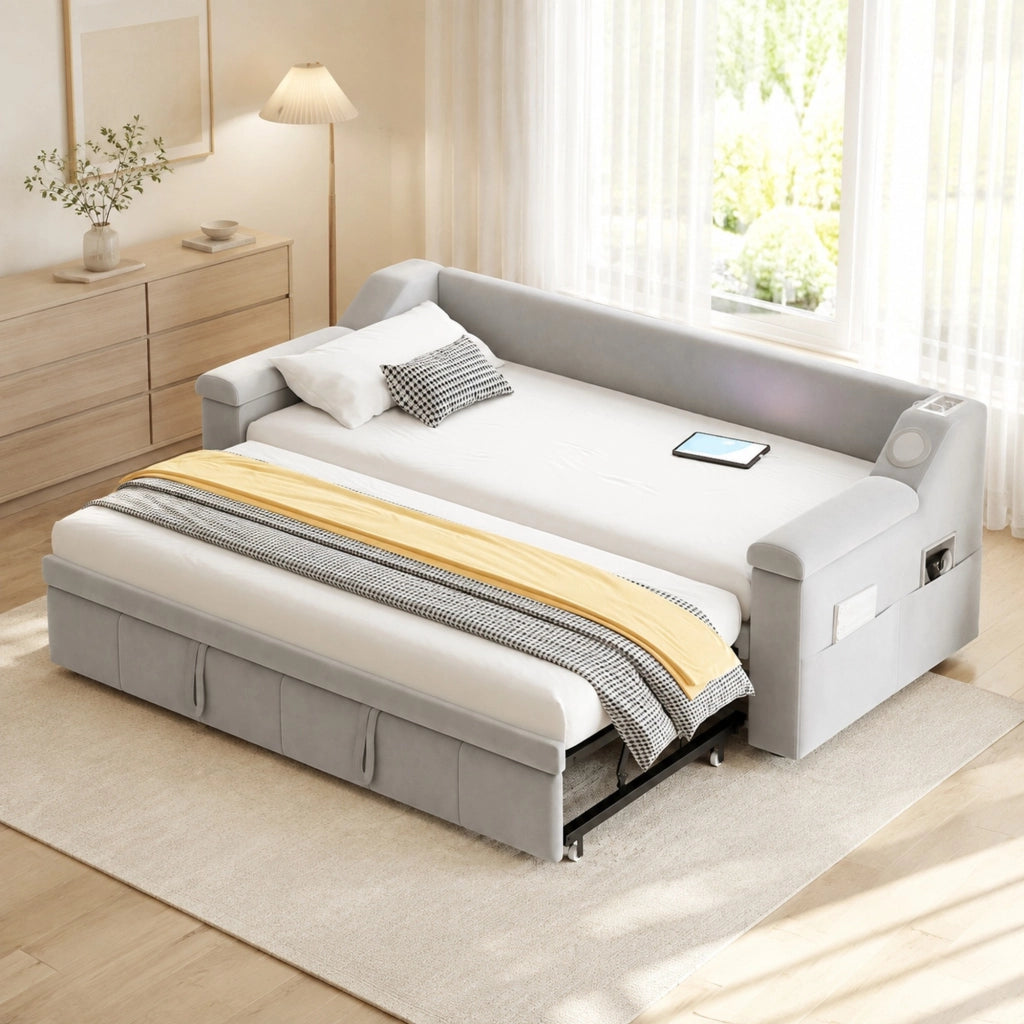 Divano letto imbottito convertibile 90/180x190 cm con Bluetooth, porte USB, vani portaoggetti e rete a doghe, grigio chiaro