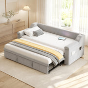 Divano letto imbottito convertibile 90/180x190 cm con Bluetooth, porte USB, vani portaoggetti e rete a doghe, grigio chiaro