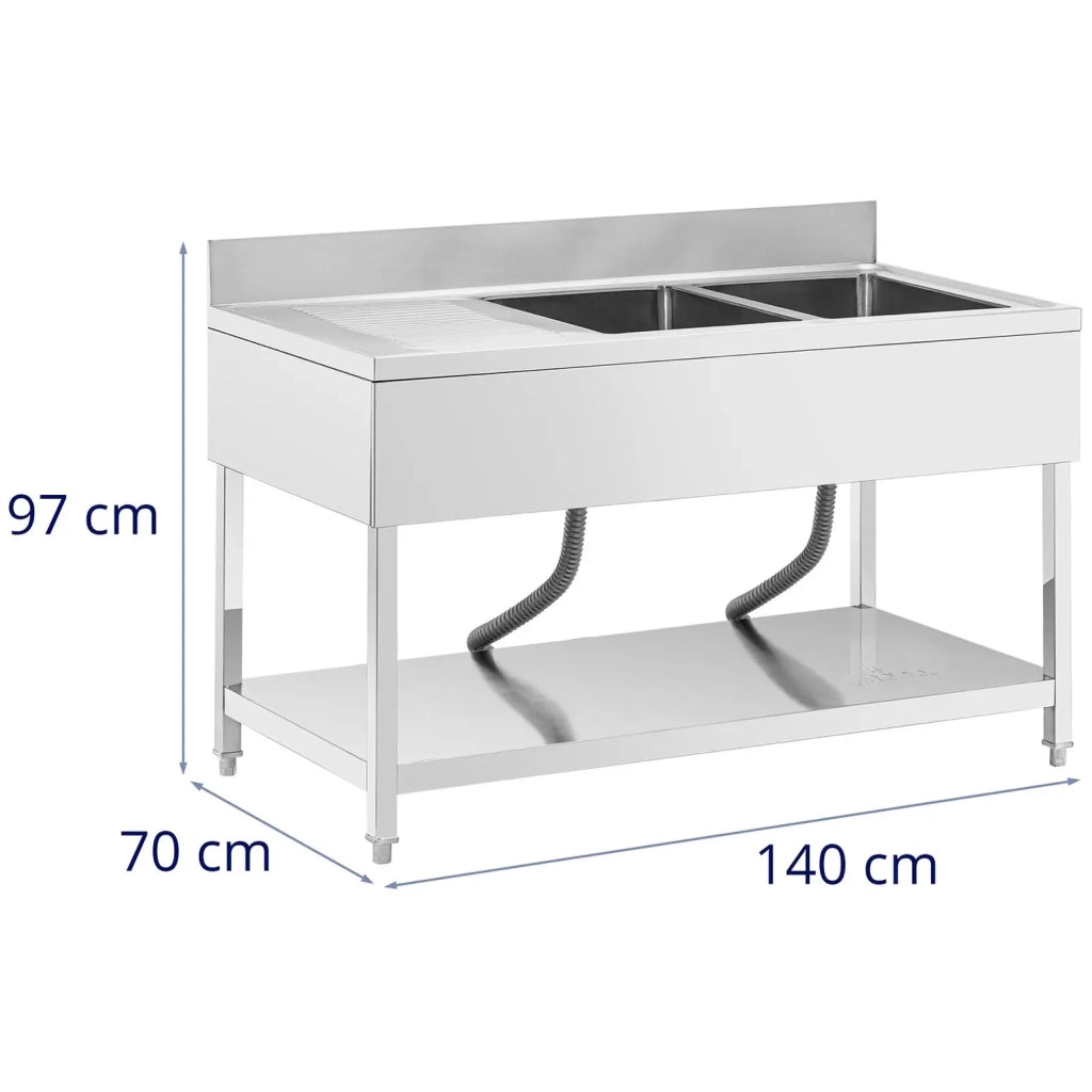 Lavello professionale in acciaio inox con 2 vasche 140 x 70 x 97 cm acciaio inox argento 14_0009564