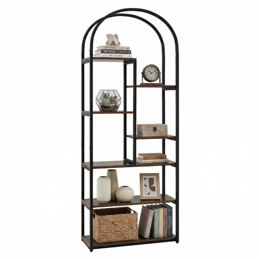 Libreria ad arco con 2 kit antiribaltamento e piedini regolabili, Libreria a 7 ripiani aperto con struttura in legno robusta