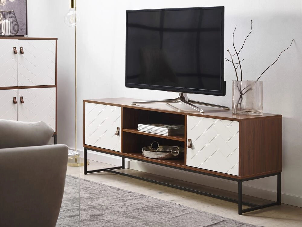 Mobile TV in legno scuro con gambe in metallo bianco Rettangolare per TV fino a 75ʺ con ripiani Ante Gestione dei cavi Mobili da soggiorno
