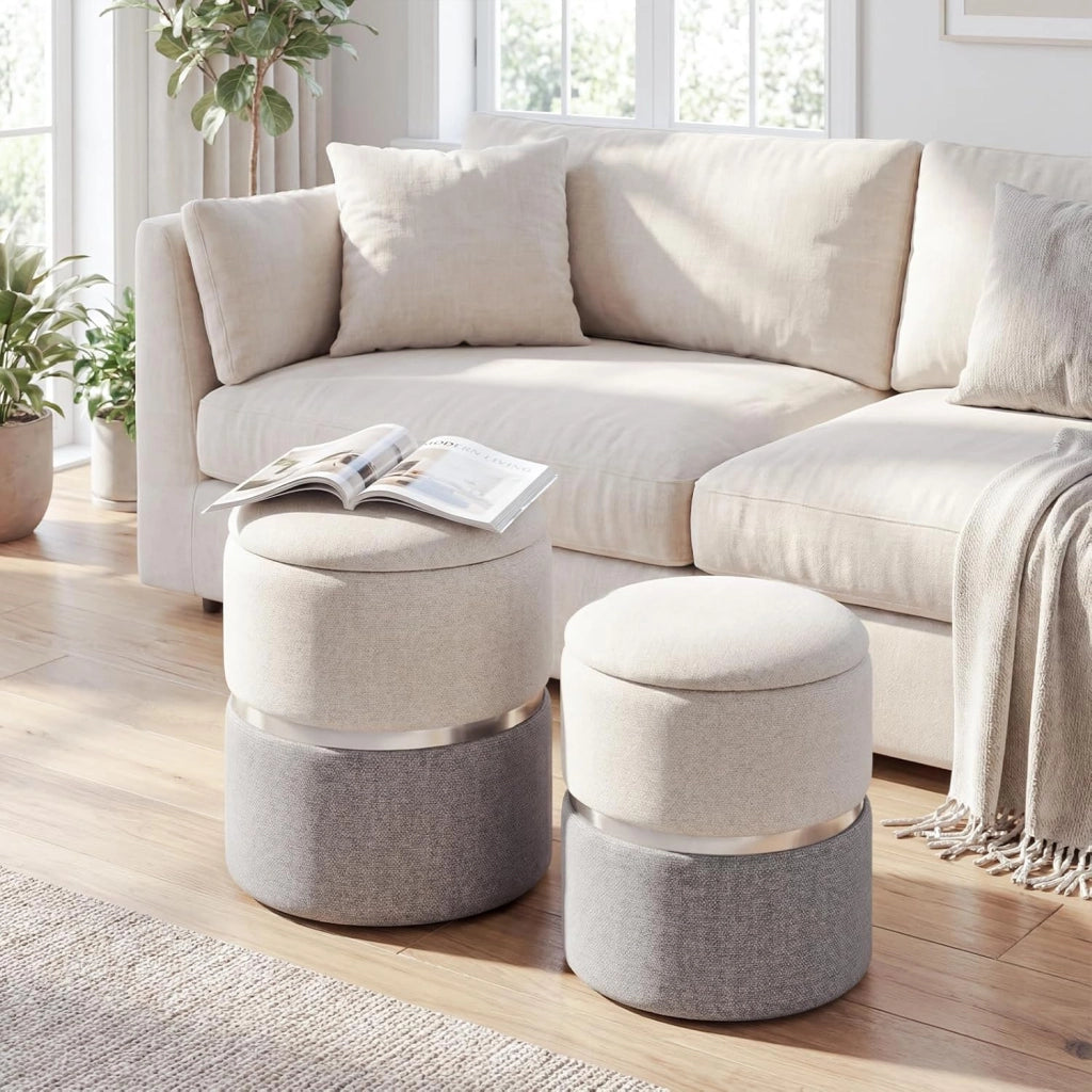 Set di 2 Pouf Contenitore in Velluto, Pouf Rotondi Imbottiti da 32L +21L, Sgabelli con Contenitore per Soggiorno, Camera da Letto, Portata 150 kg (Grigio)