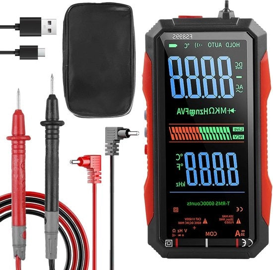 Multimetro digitale - misura tensione e corrente AC/DC - resistenza - 6000 conteggi - rileva NCV - testa di diodo - testa di frequenza - USB ricaricabile