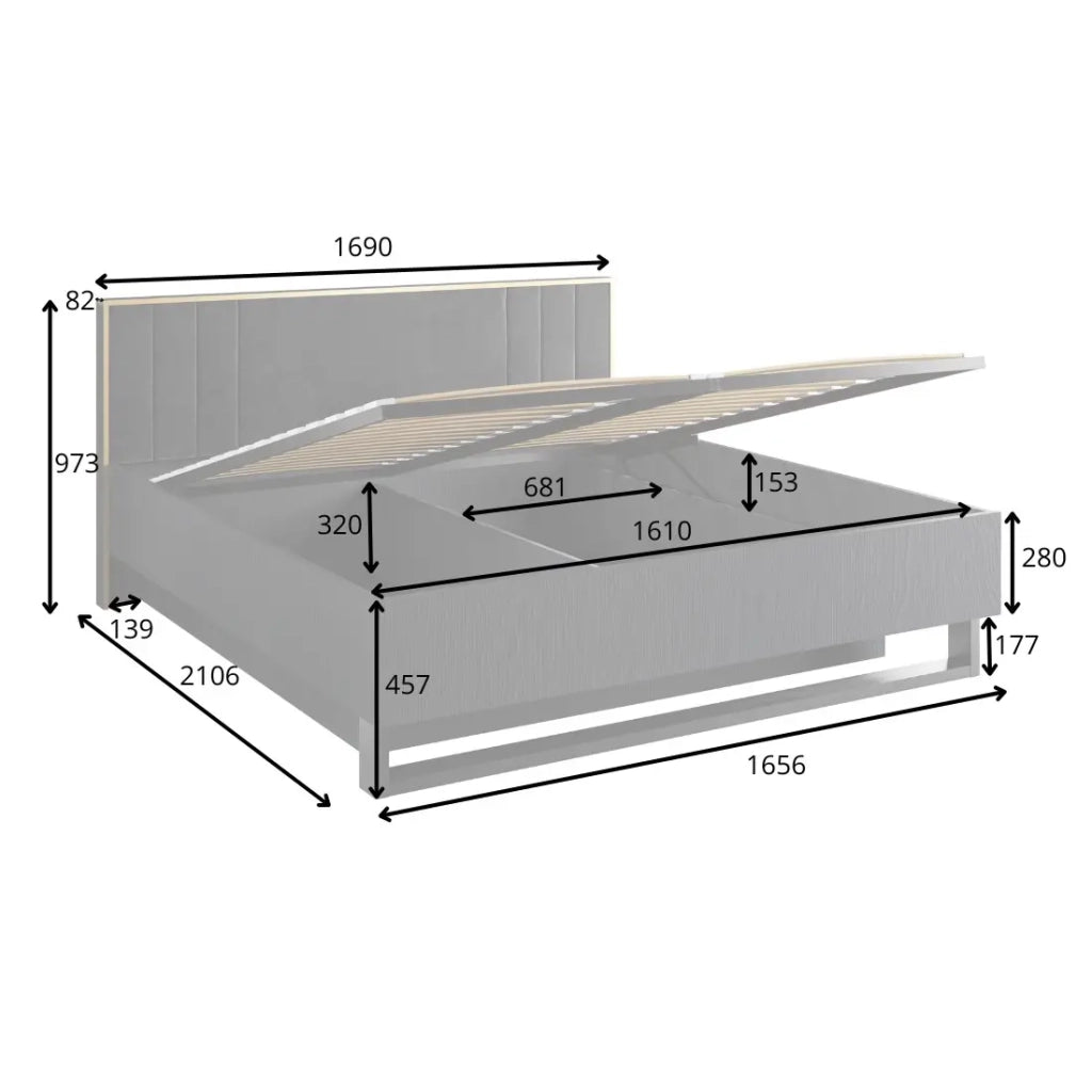 Letto contenitore MONDO - 160x200 cm - Nero strutturato e dorato - Piedi in metallo - Rete inclusa