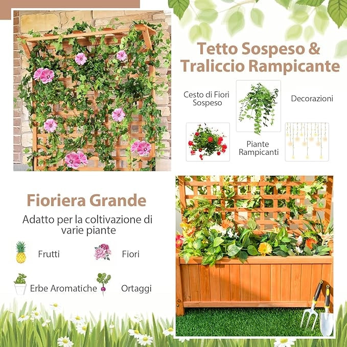 Fioriera da Esterno con Grigliato e Tettuccio, Fioriera in Legno da Interno Esterno con Fori di Scarico, Vaso con Spalliera per Piante Rampicanti Viti Fiori