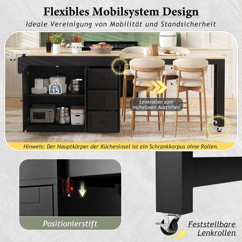 Carrello da cucina con piano estraibile, 3 cassetti, ripiani regolabili e portaspezie per cucina e pranzo, in MDF e PB, nero