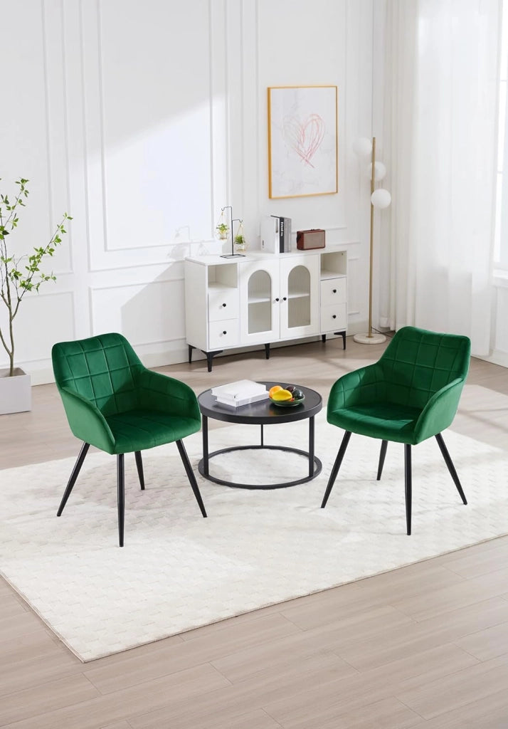 Set di 2 Sedie per Sala da Pranzo Imbottita, Poltroncina in Velluto,Sedia da Cucina con Braccioli e Schienale, Gambe in Metallo, moderne, Verde scuro, BH93dgn-2