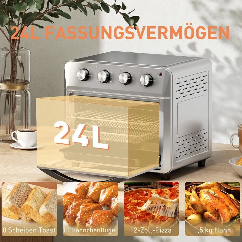 Mini forno con convezione, friggitrice ad aria, 6 modalit¨¤ di riscaldamento, timer, accessori, 24 litri, argento.