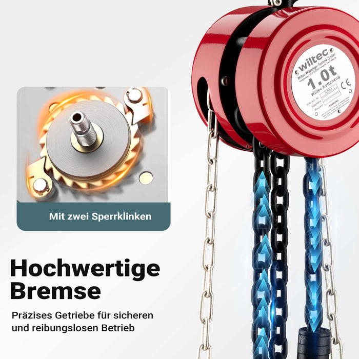 Paranco a catena manuale, max 1000 kg, con catena di 3 m, per sollevamento di carichi pesanti