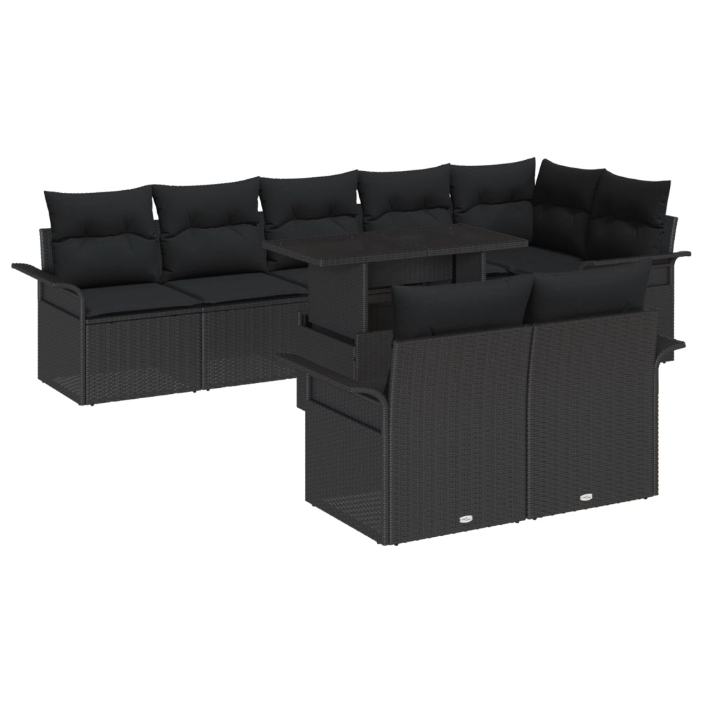 Set di divani da giardino 9 pezzi con cuscini Nero Polyrattan