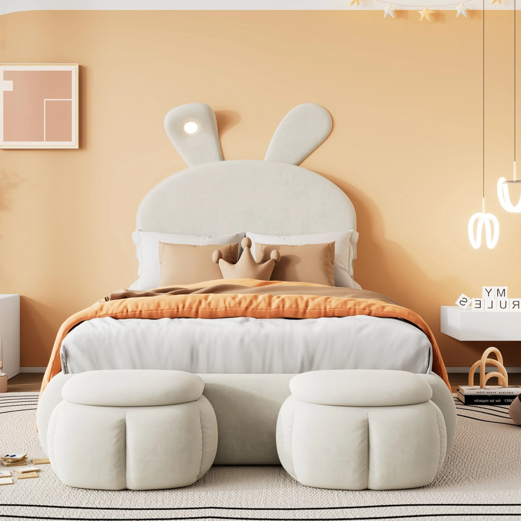 DESMIU Letto per bambini 1 posto con LED regolabile e 2 pouf contenitore, 90 × 200 cm, senza materasso, beige