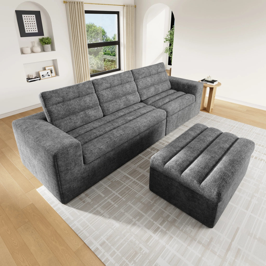 Divano angolare modulare 4 posti - con pouf e cuscini - in chenille - grigio chiaro