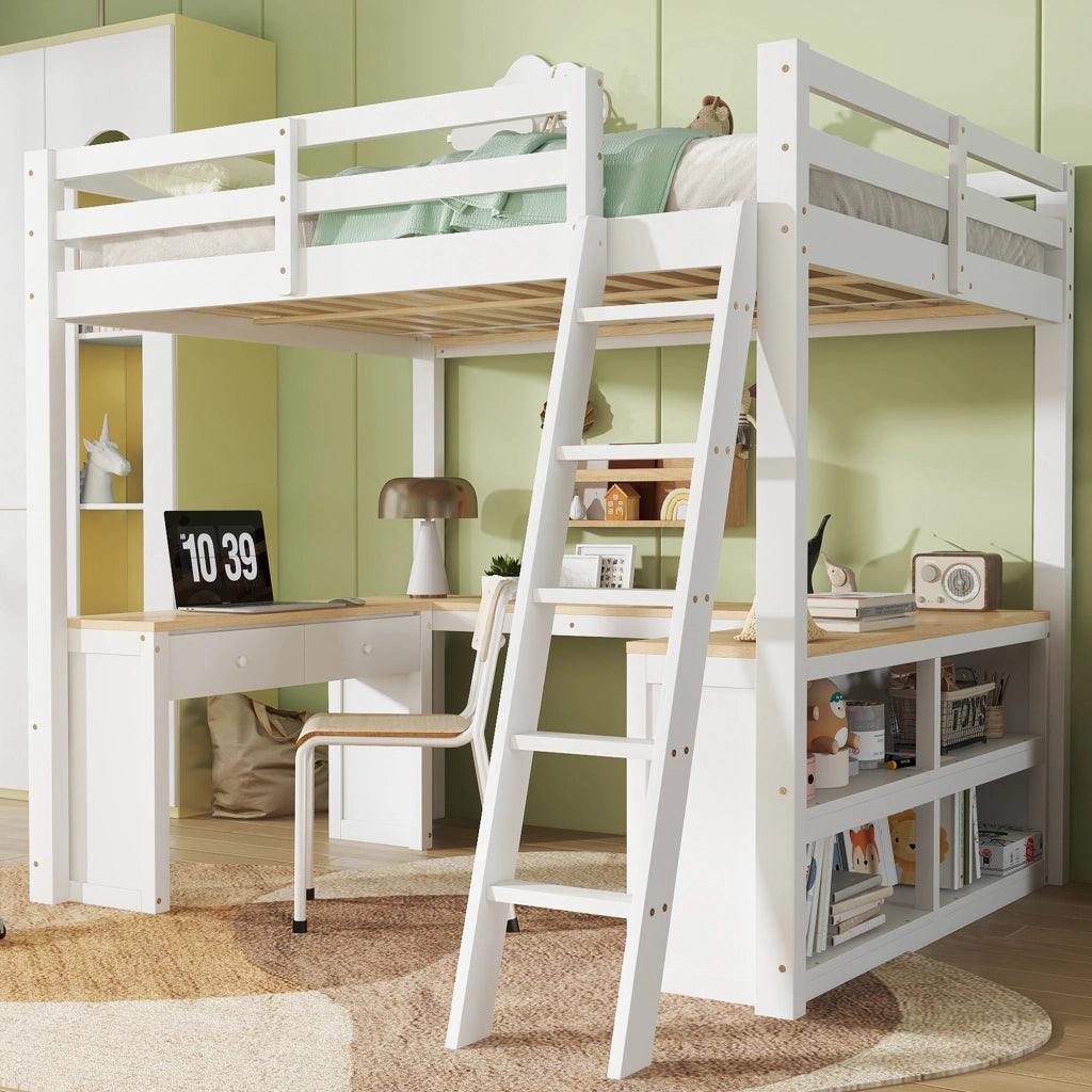 Letto a castello bambini bianco naturale con scrivania a forma di u e funzione contenitiva 140x200 cm