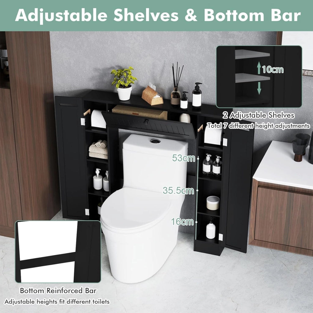 Mobile per Lavatrice, Mobile sopra Toilette, Mobiletto Bagno sopra Toilette, Armadietto da Incasso, in Legno, con Anta, Bagno Salvaspazio, con Porta Carta Igienica (Nero)