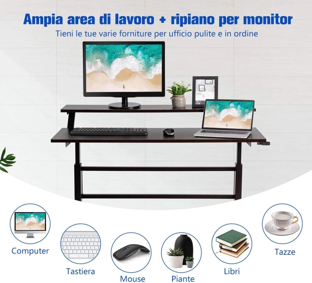 Scrivania Regolabile in Altezza, Scrivania per Computer Laptop, con Manovella, Scrivania Moderna in Acciaio e Legno, con 2 Ripiani (Marrone)